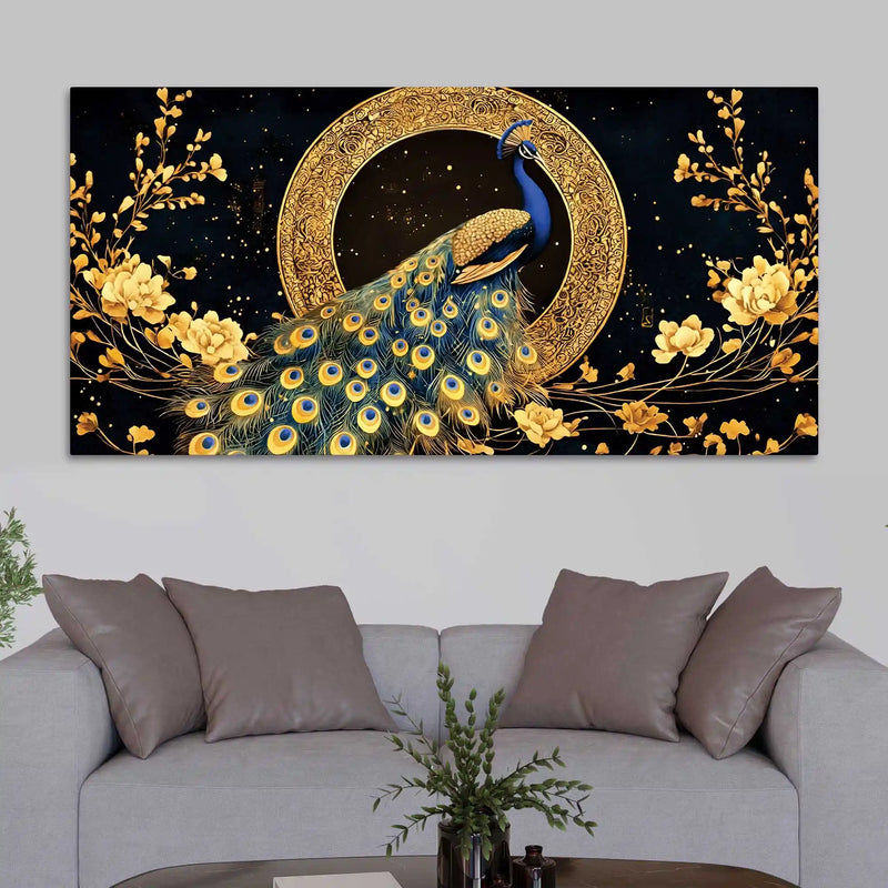 Graceful Elegant Peacock Sitting On Golden Floral Branch Canvas Wall Painting