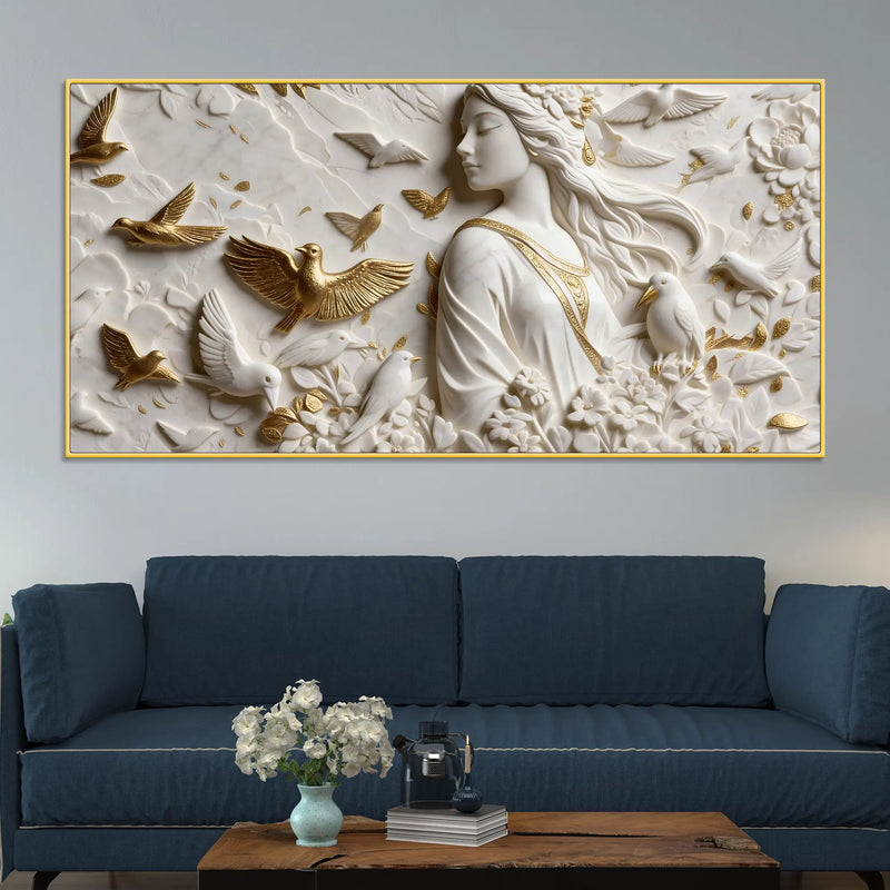 Graceful Lady Surrounded by Golden & White Doves 3D Canvas Wall Painting