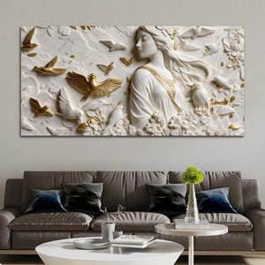 Graceful Lady Surrounded by Golden & White Doves 3D Canvas Wall Painting