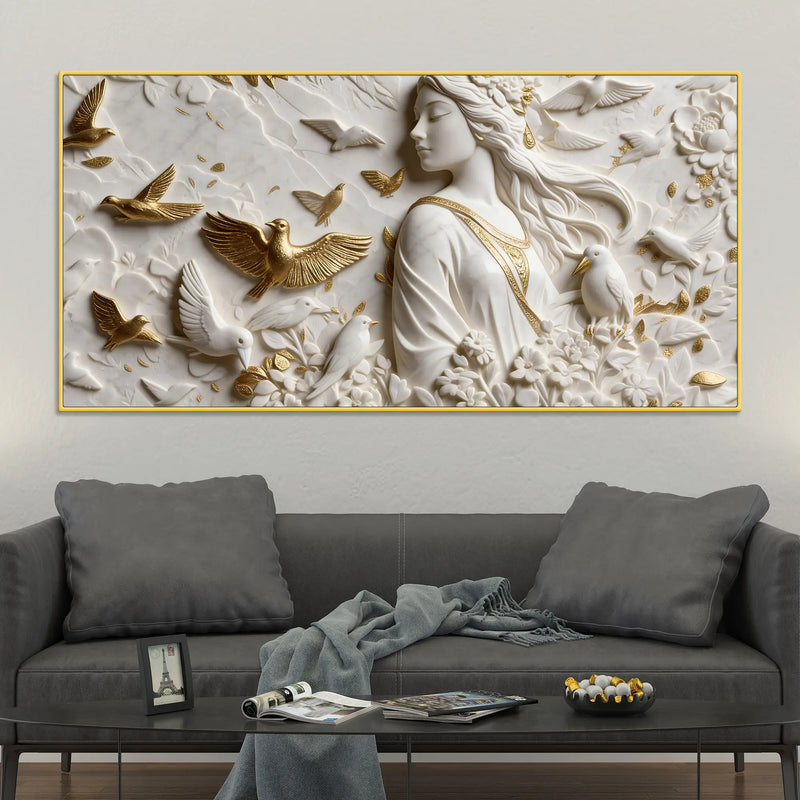 Graceful Lady Surrounded by Golden & White Doves 3D Canvas Wall Painting