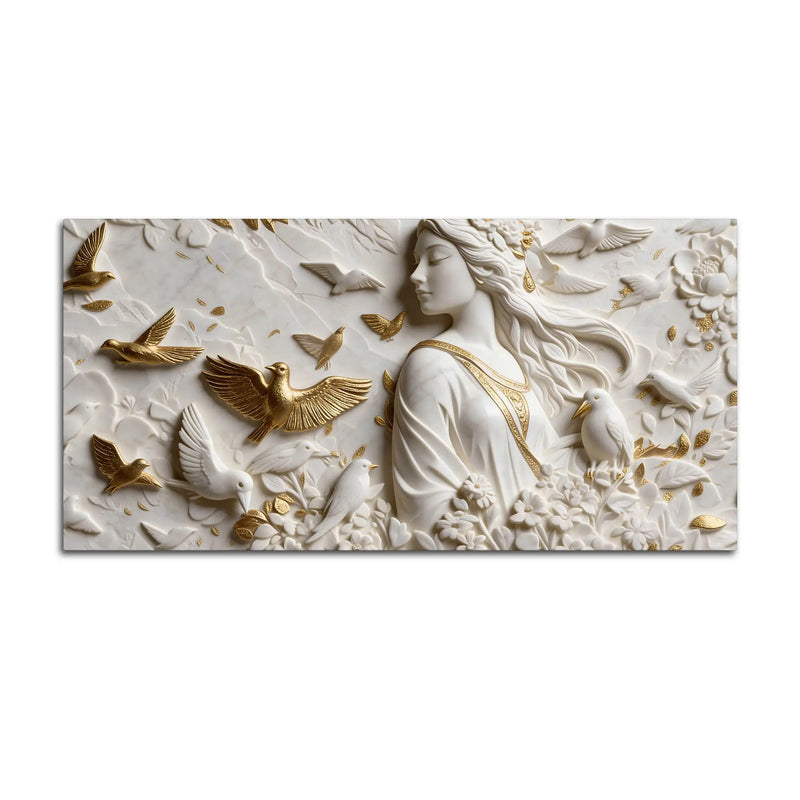 Graceful Lady Surrounded by Golden & White Doves 3D Canvas Wall Painting