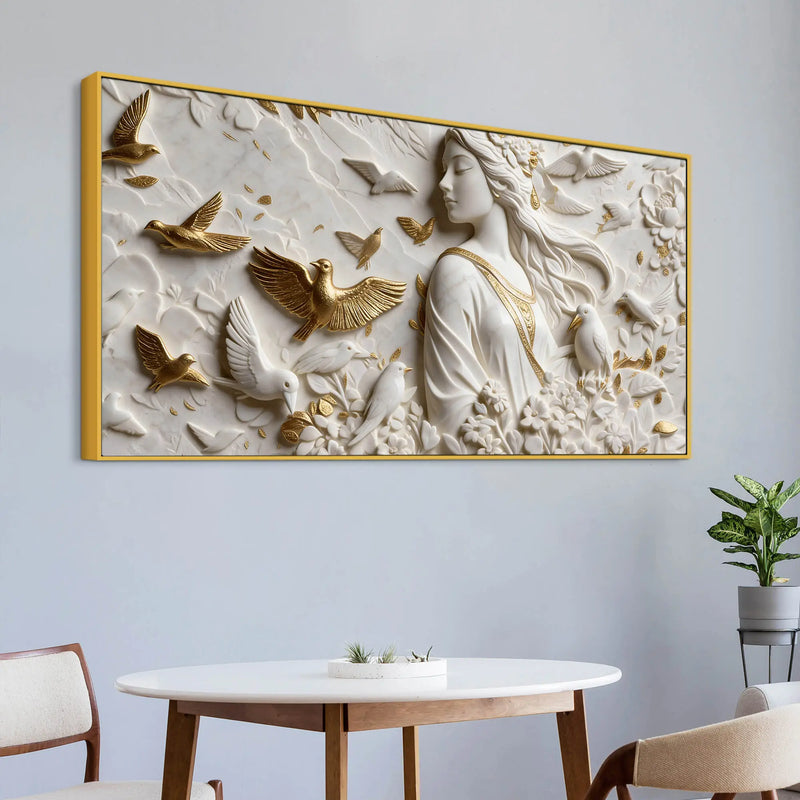 Graceful Lady Surrounded by Golden & White Doves 3D Canvas Wall Painting