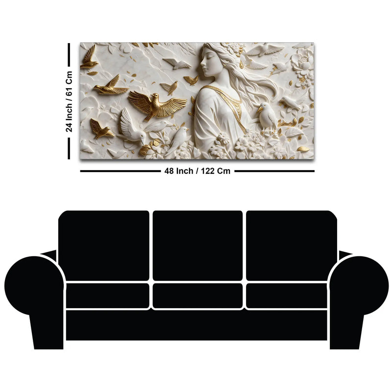 Graceful Lady Surrounded by Golden & White Doves 3D Canvas Wall Painting