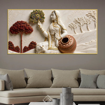 Graceful Village Woman with Cow and Peacock Feather 3D Canvas Wall Painting