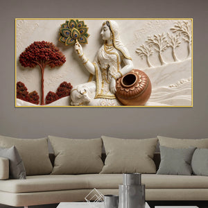 Graceful Village Woman with Cow and Peacock Feather 3D Canvas Wall Painting