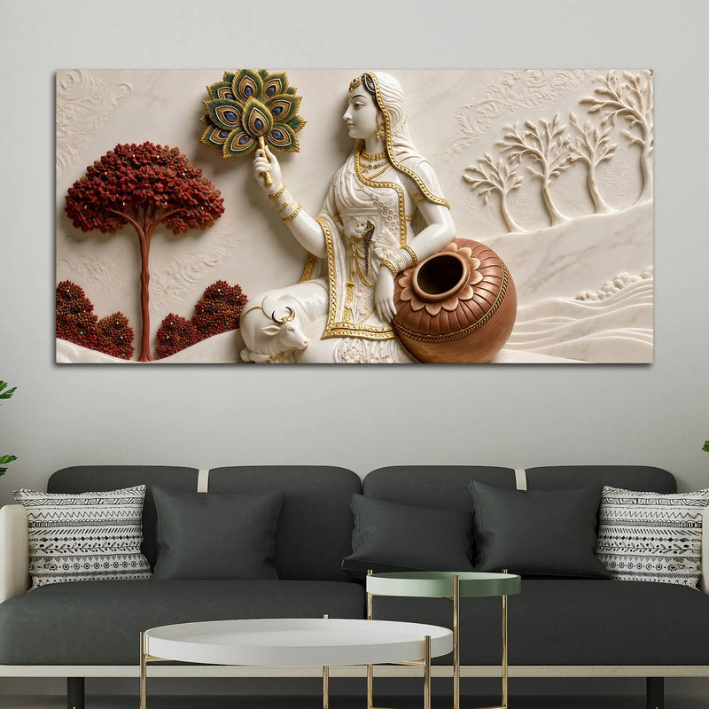 Graceful Village Woman with Cow and Peacock Feather 3D Canvas Wall Painting