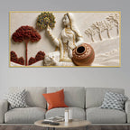Graceful Village Woman with Cow and Peacock Feather 3D Canvas Wall Painting