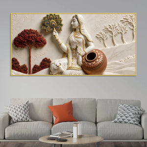 Graceful Village Woman with Cow and Peacock Feather 3D Canvas Wall Painting