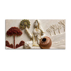 Graceful Village Woman with Cow and Peacock Feather 3D Canvas Wall Painting