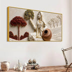 Graceful Village Woman with Cow and Peacock Feather 3D Canvas Wall Painting