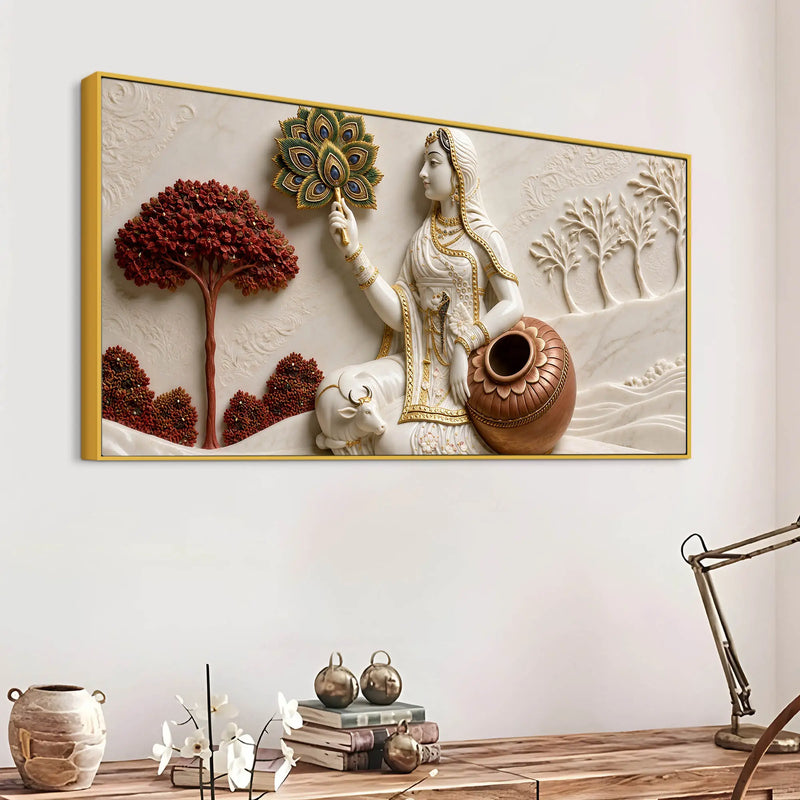Graceful Village Woman with Cow and Peacock Feather 3D Canvas Wall Painting