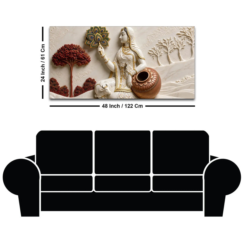 Graceful Village Woman with Cow and Peacock Feather 3D Canvas Wall Painting