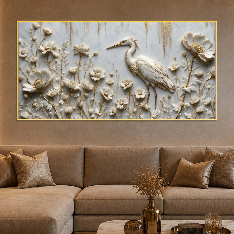 Graceful White Crane in Floral Garden 3D Canvas Wall Painting