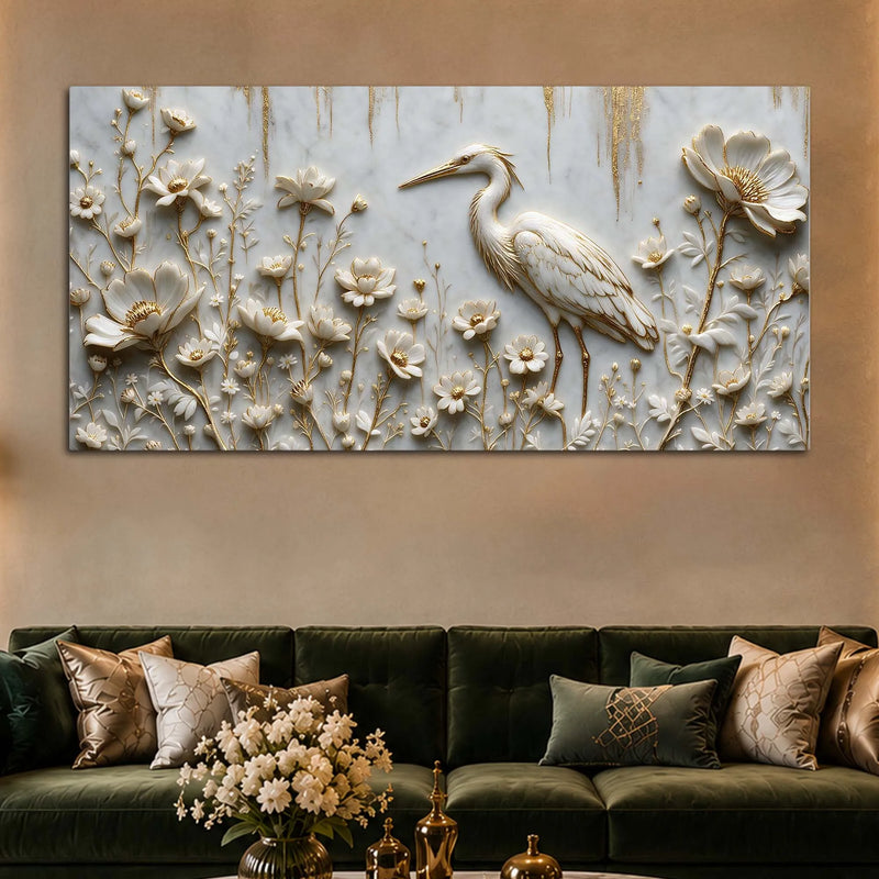 Graceful White Crane in Floral Garden 3D Canvas Wall Painting