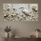 Graceful White Crane in Floral Garden 3D Canvas Wall Painting