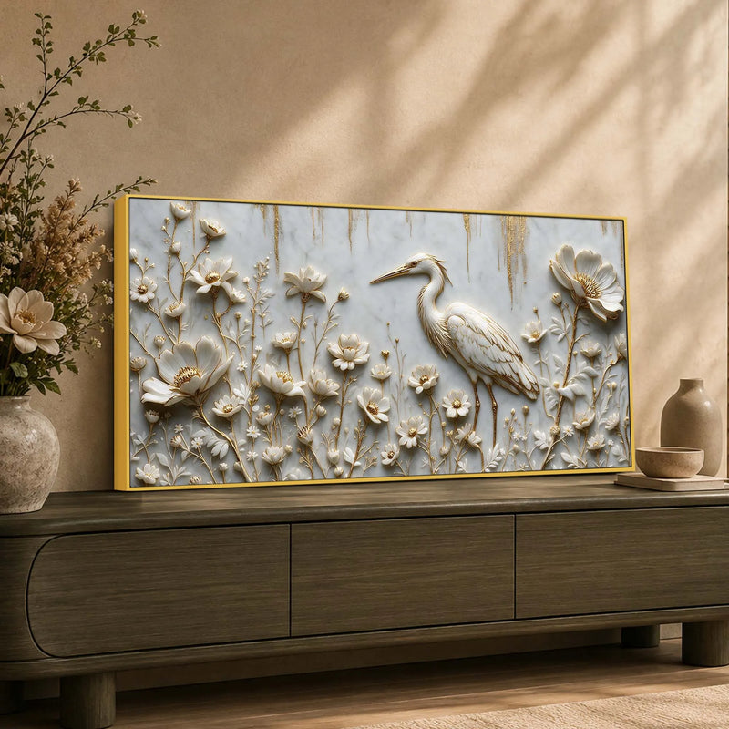 Graceful White Crane in Floral Garden 3D Canvas Wall Painting