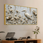 Graceful White Crane in Floral Garden 3D Canvas Wall Painting