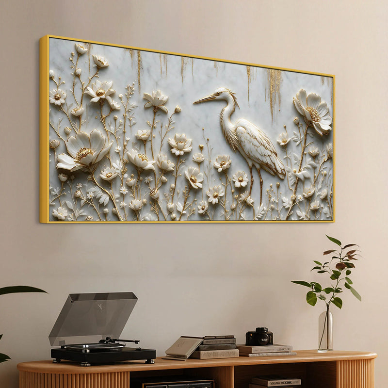 Graceful White Crane in Floral Garden 3D Canvas Wall Painting
