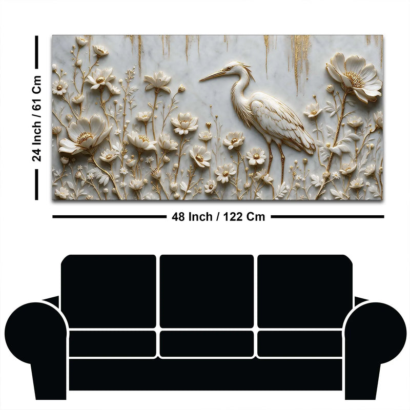 Graceful White Crane in Floral Garden 3D Canvas Wall Painting