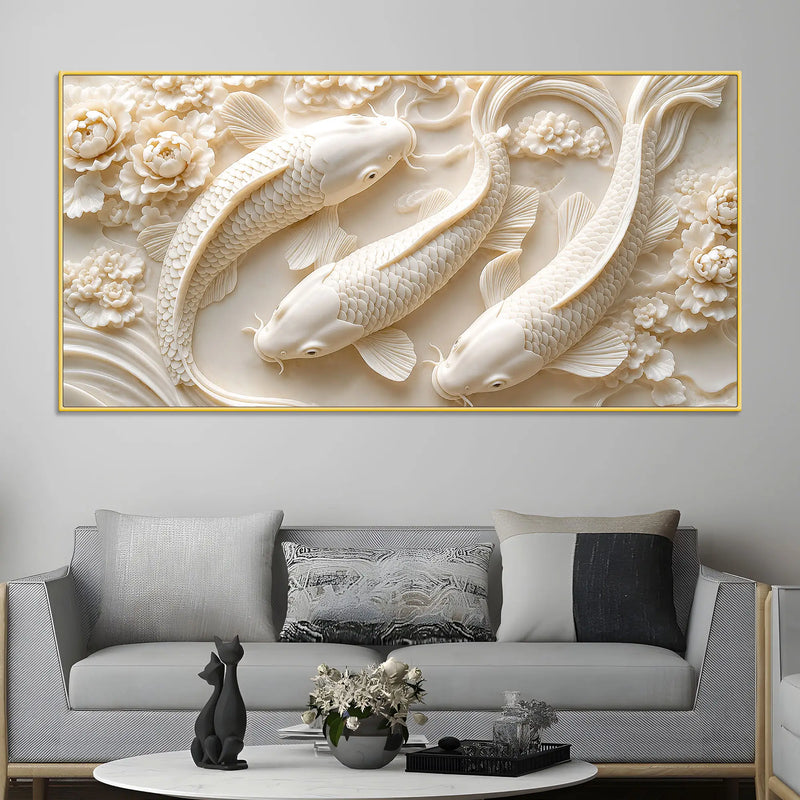 Graceful White Koi Fish Trio Floating Through Blooming Peonies 3D Canvas Wall Painting