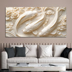 Graceful White Koi Fish Trio Floating Through Blooming Peonies 3D Canvas Wall Painting