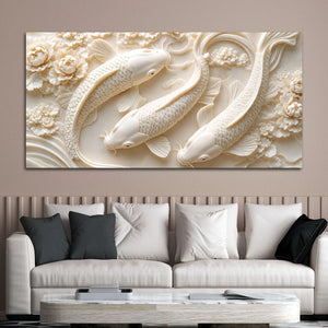 Graceful White Koi Fish Trio Floating Through Blooming Peonies 3D Canvas Wall Painting