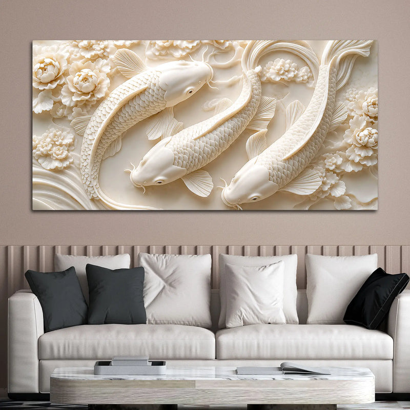 Graceful White Koi Fish Trio Floating Through Blooming Peonies 3D Canvas Wall Painting