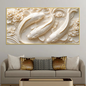 Graceful White Koi Fish Trio Floating Through Blooming Peonies 3D Canvas Wall Painting