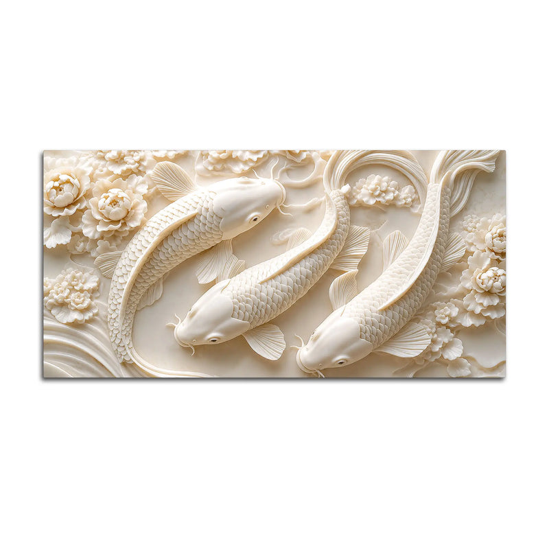 Graceful White Koi Fish Trio Floating Through Blooming Peonies 3D Canvas Wall Painting