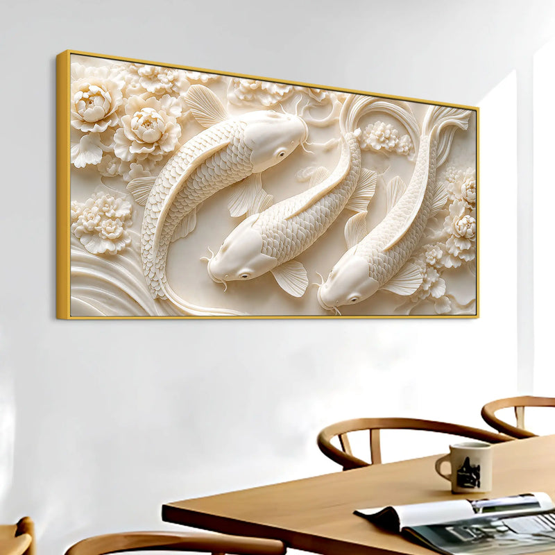 Graceful White Koi Fish Trio Floating Through Blooming Peonies 3D Canvas Wall Painting