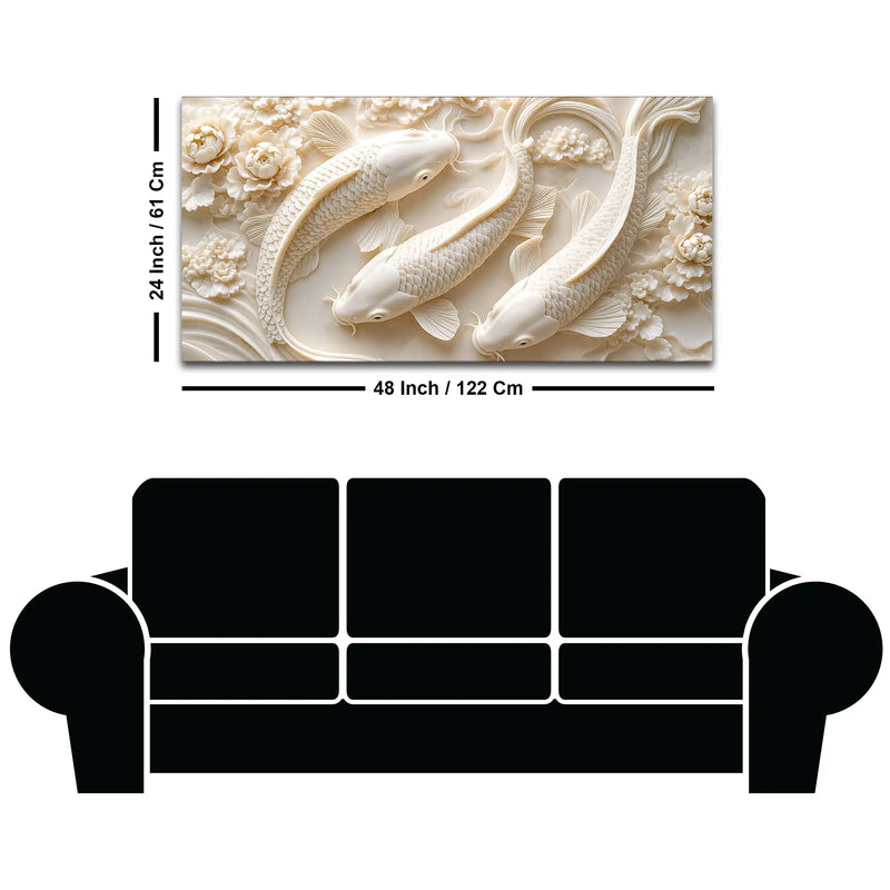 Graceful White Koi Fish Trio Floating Through Blooming Peonies 3D Canvas Wall Painting