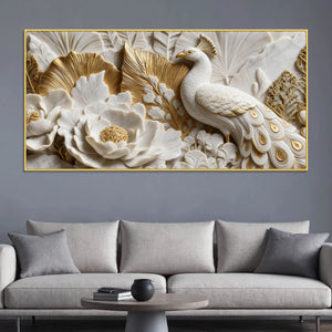 Graceful White Peacock Among Blooming Flowers 3D Canvas Wall Painting