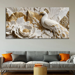 Graceful White Peacock Among Blooming Flowers 3D Canvas Wall Painting