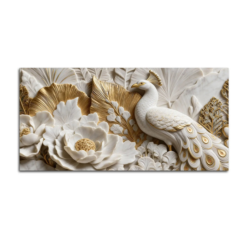 Graceful White Peacock Among Blooming Flowers 3D Canvas Wall Painting