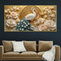Graceful White Peacock and Ivory Peony Blossoms 3D Canvas Wall Painting