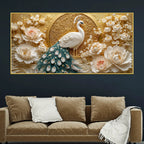 Graceful White Peacock and Ivory Peony Blossoms 3D Canvas Wall Painting