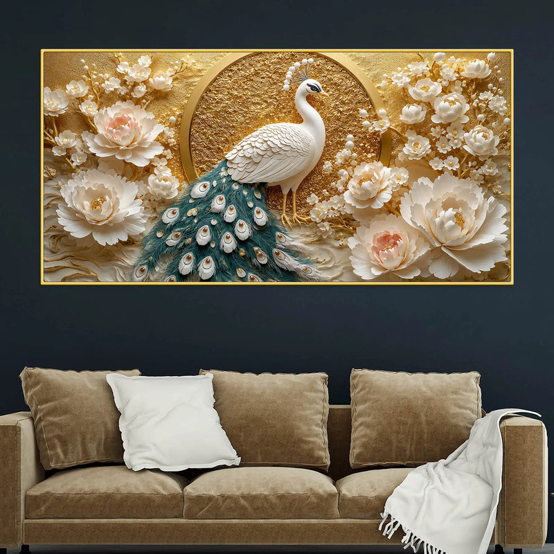 Graceful White Peacock and Ivory Peony Blossoms 3D Canvas Wall Painting