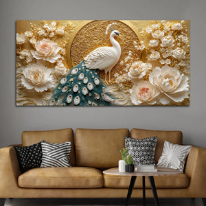 Graceful White Peacock and Ivory Peony Blossoms 3D Canvas Wall Painting