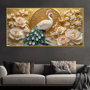 Graceful White Peacock and Ivory Peony Blossoms 3D Canvas Wall Painting