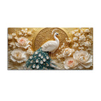 Graceful White Peacock and Ivory Peony Blossoms 3D Canvas Wall Painting