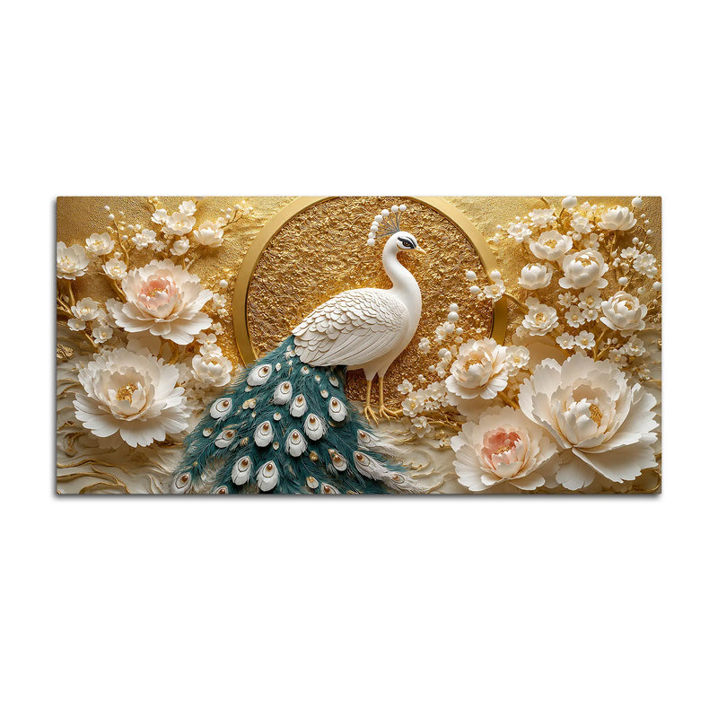 Graceful White Peacock and Ivory Peony Blossoms 3D Canvas Wall Painting