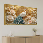 Graceful White Peacock and Ivory Peony Blossoms 3D Canvas Wall Painting