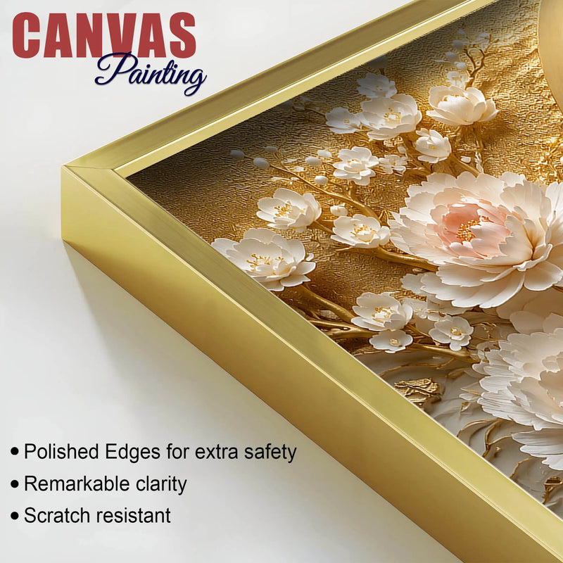 Graceful White Peacock and Ivory Peony Blossoms 3D Canvas Wall Painting