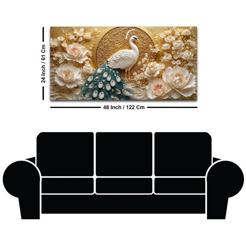 Graceful White Peacock and Ivory Peony Blossoms 3D Canvas Wall Painting
