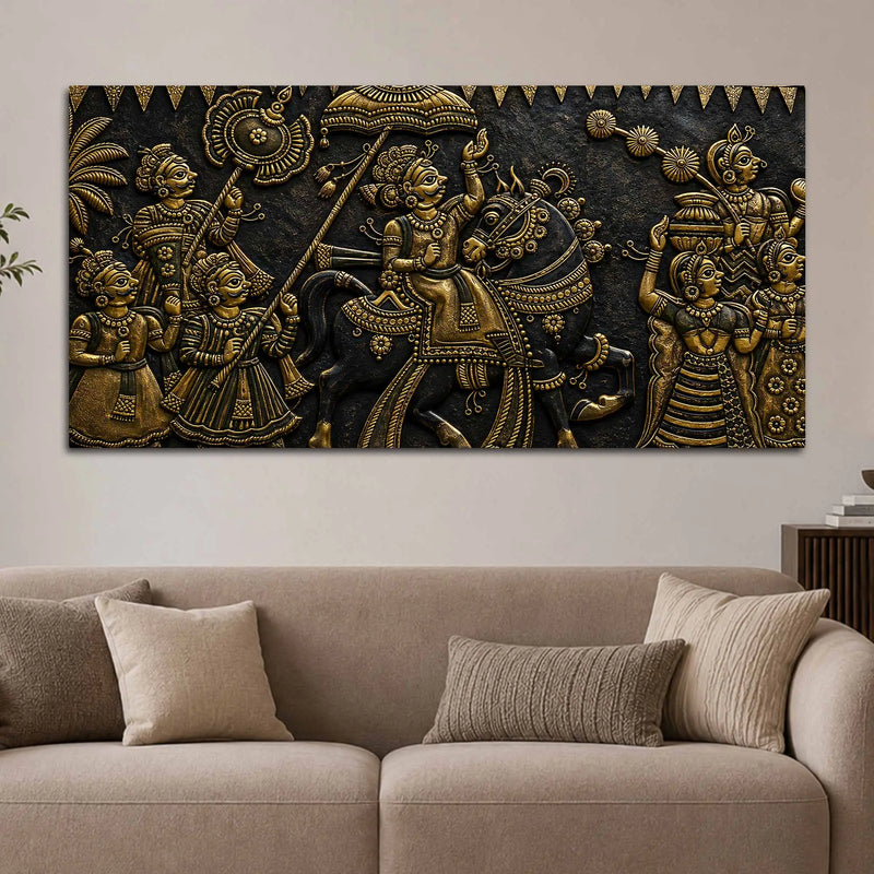 Grand Maharaja Wedding Procession Metallic Look 3D Canvas Wall Painting