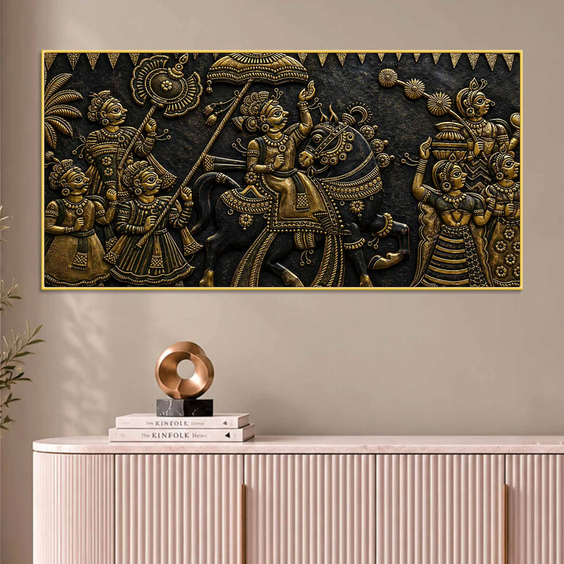 Grand Maharaja Wedding Procession Metallic Look 3D Canvas Wall Painting