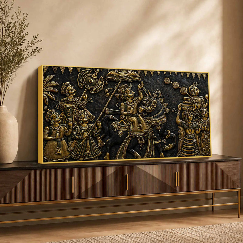 Grand Maharaja Wedding Procession Metallic Look 3D Canvas Wall Painting