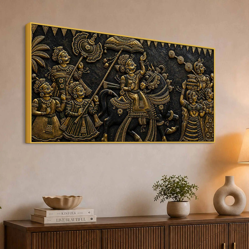 Grand Maharaja Wedding Procession Metallic Look 3D Canvas Wall Painting