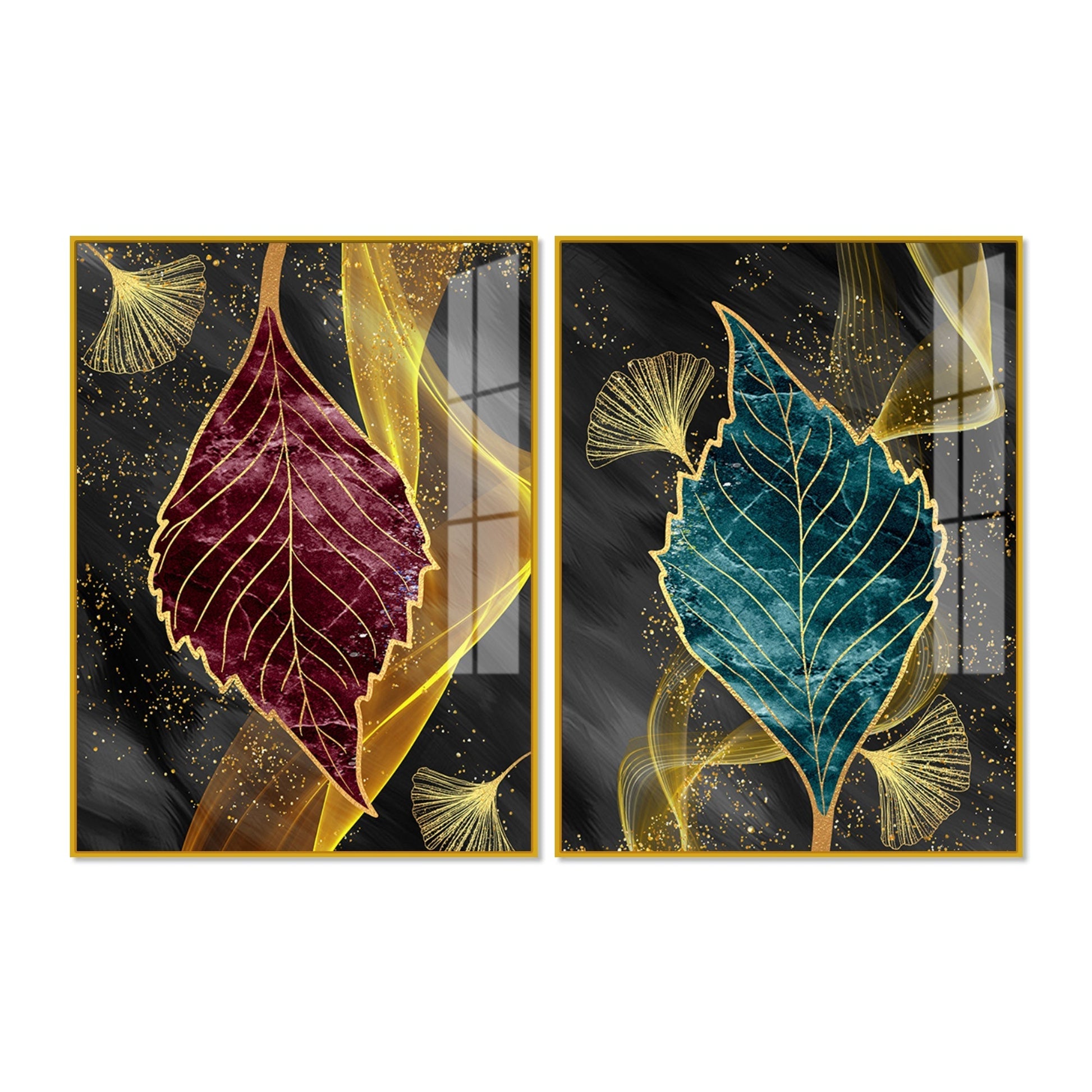 Green and Red Leaf Shape Acrylic Floating Wall Painting Set of 2