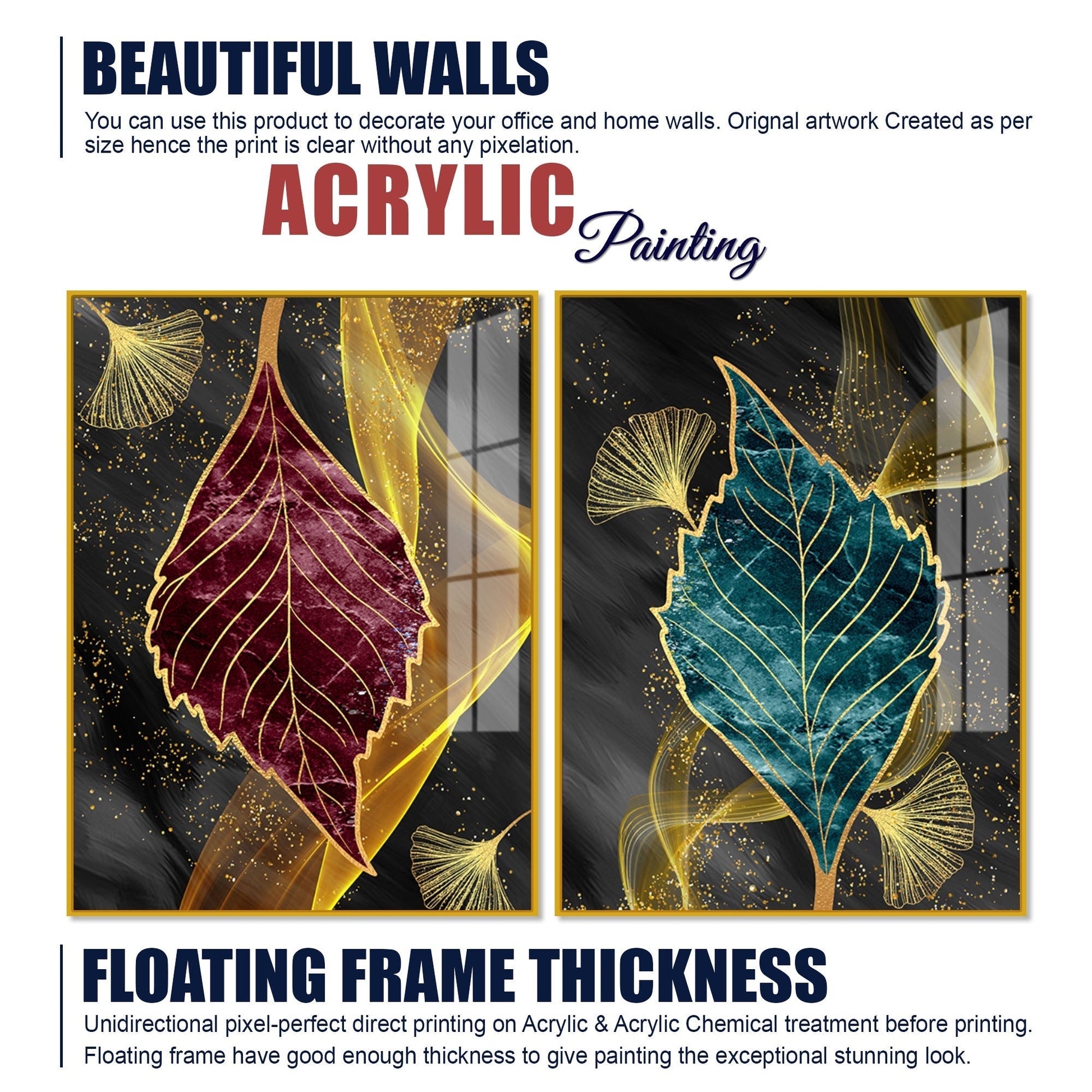 Green and Red Leaf Shape Acrylic Floating Wall Painting Set of 2